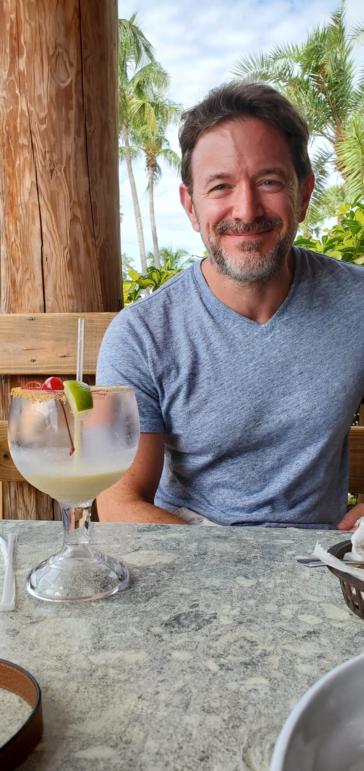 Joel enjoying a Key Lime Pina Colada at Salty Dog on Siesta Key