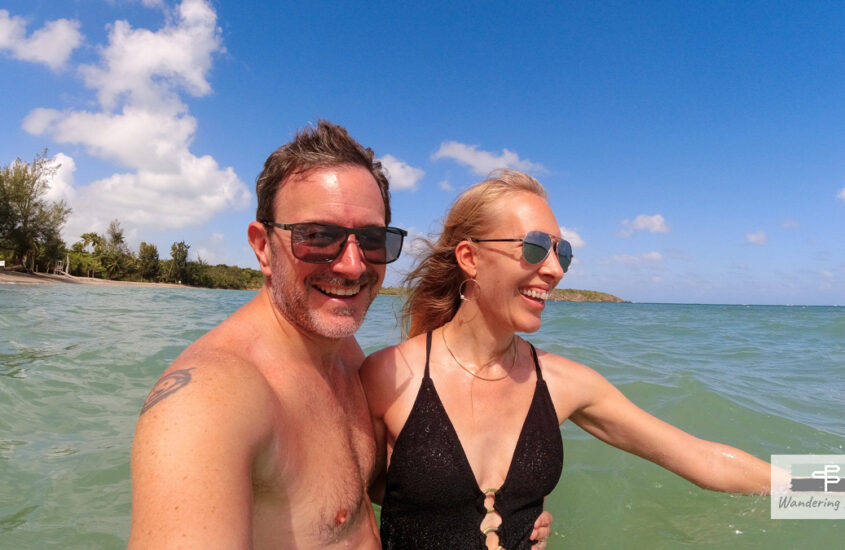 happy couple at beach at tropical island