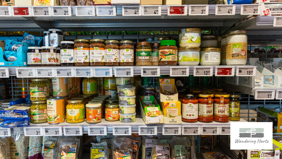 grocery shelves with food items  in bulgaria