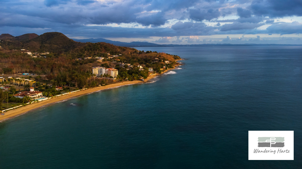 Aerial View of Playa Los Almendros in Rincon Puerto Rico at sunset