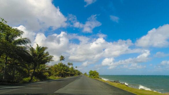 Point of view form car of Puerto Rico roadway along coastline with tropical palm trees, and beautiful sky