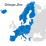 Map of the Schengen area of Europe highlighted in blue