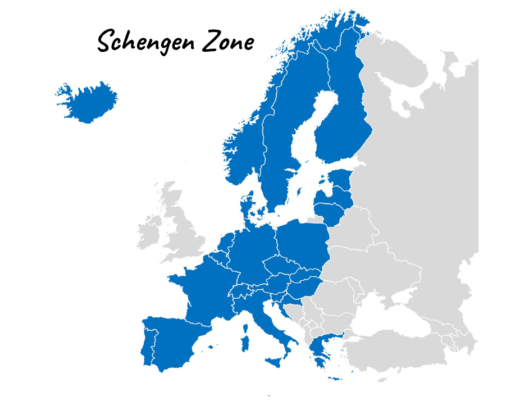Map of the Schengen area of Europe highlighted in blue