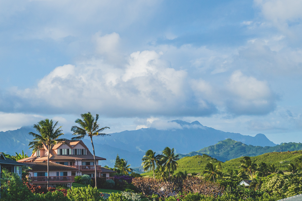 tropical view from Kauai Hawaii of vacation rental and palm trees inn foreground with mountains rising in background with white puffy clouds  © Joel Hartz