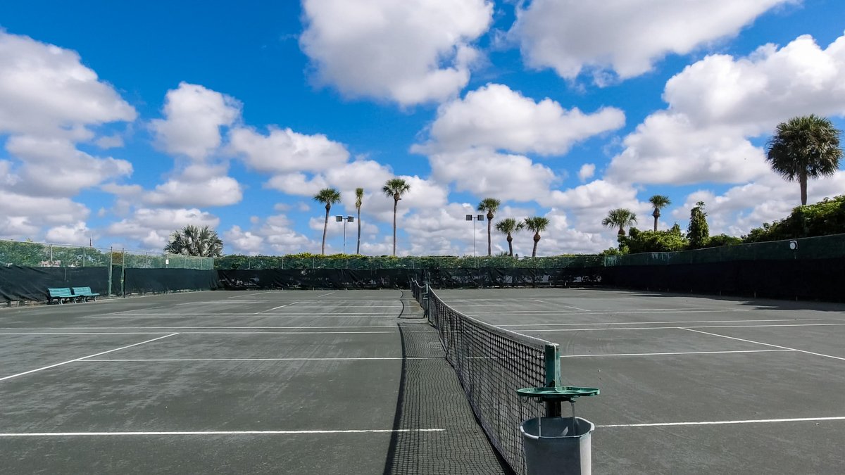 Tennis courts against blue sky with puffy clouds and palm trees © Joel Hartz