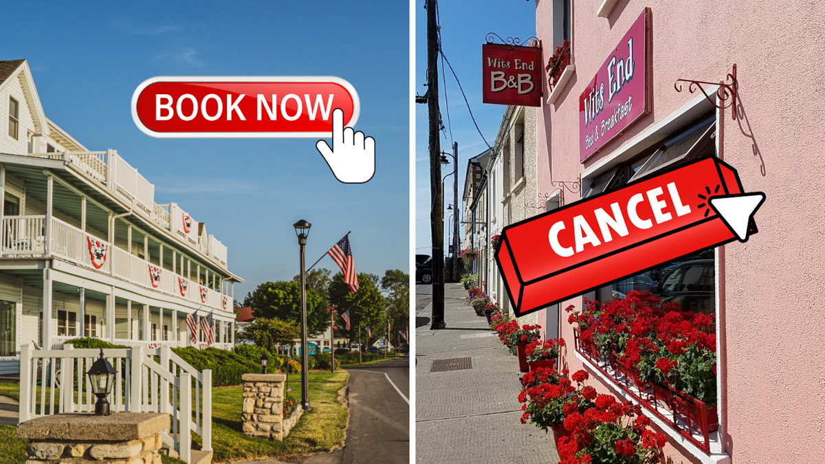 photo with graphics of "book now" and "cancel" overlayed over exterior shots of hotels