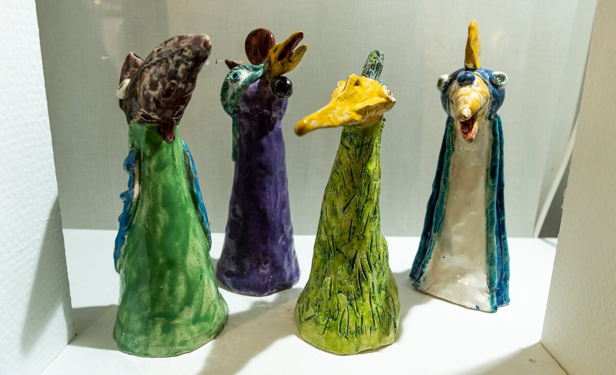 Close shot of ceramic bird heads, part of the modern exhibit, at the National Tile Museum Lisbon Portugal