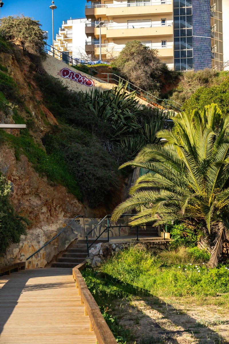 Steep stairs connecting the Praia de Rocha boardwalk and the promenade in Portimao, portugal