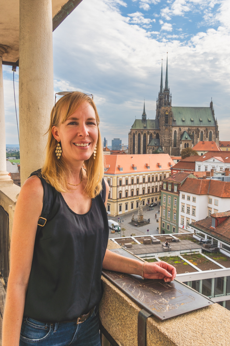Portrait of Michelle Hartz atop the Stará radnice, Old Town Hall Tower in Brno, Czech Republic