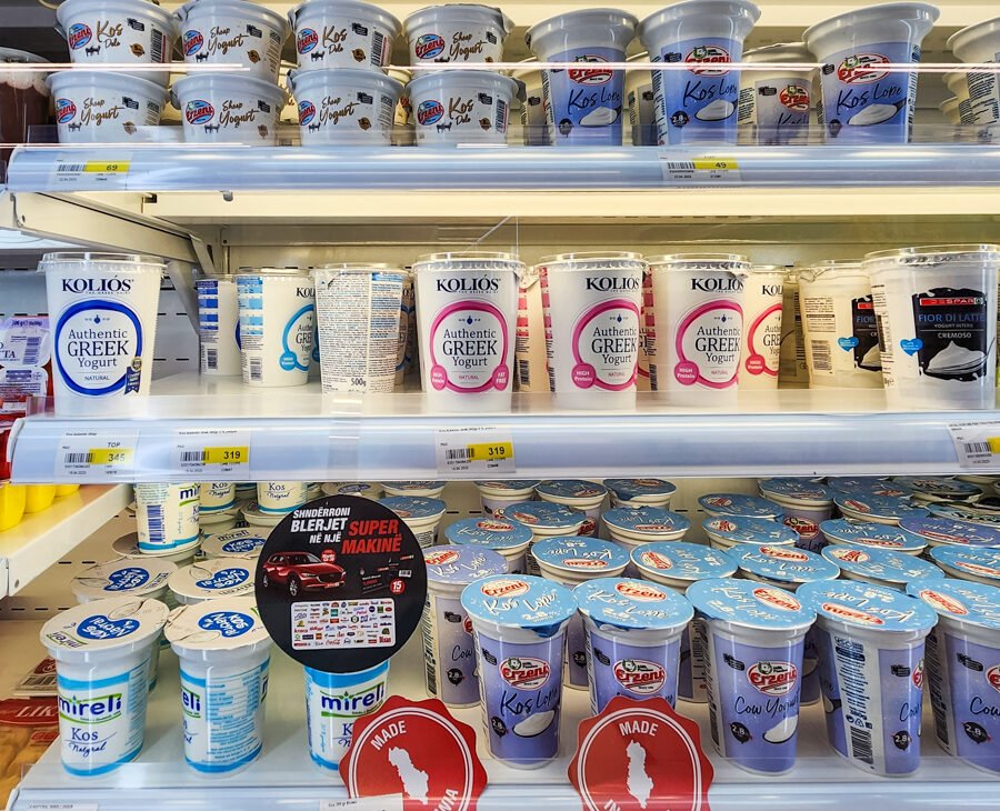 Grocery store shelves of yogurt in Saranda Albania