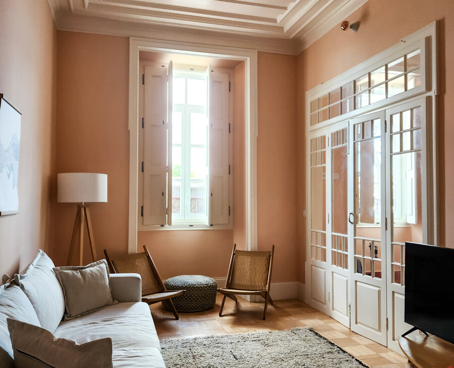 living room with peach colored walls