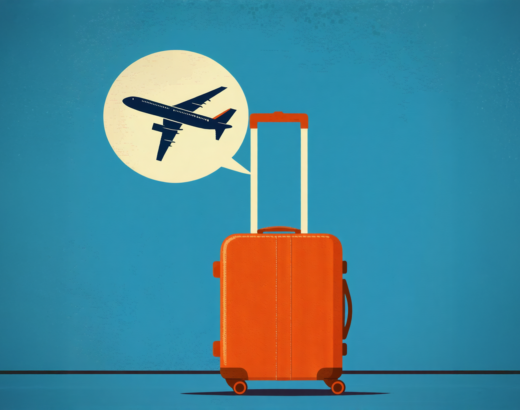 Orange suitcase with airplane in thought bubble, ready for travel.