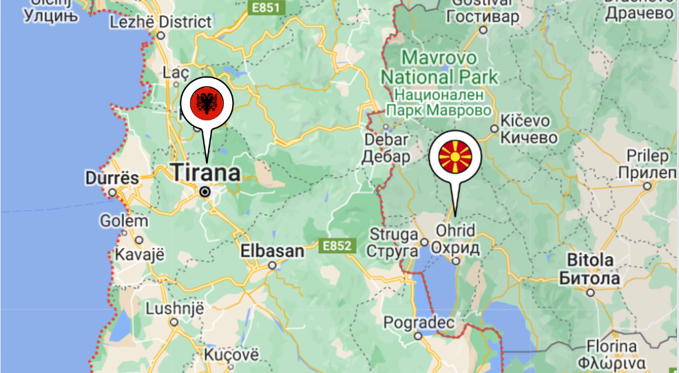 Map showing the border of Albania and North Macedonia